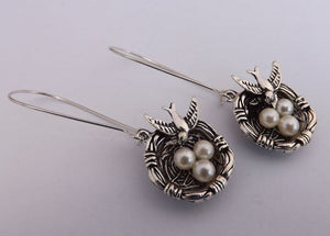 Bird Nest & Eggs Silver Tone on Long Kidney Hooks