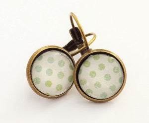 Green Polka Dots on White - Bronze Dome Earrings on Lever Back Hooks