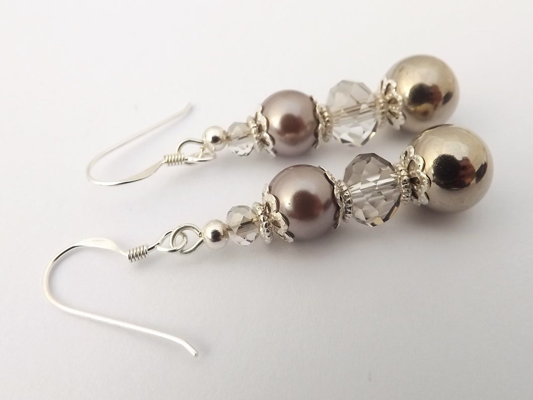 Grey Crystal Cut Glass & Pearl Finish Earrings