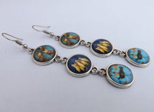 Load image into Gallery viewer, Tui with Kowhai Flowers, Blue Sky Triple Dome Drop Earrings
