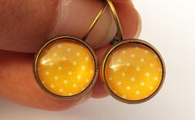 Load image into Gallery viewer, Orange &amp; Yellow Polka Dots - Bronze Tone Dome Earrings on Lever Back Hooks
