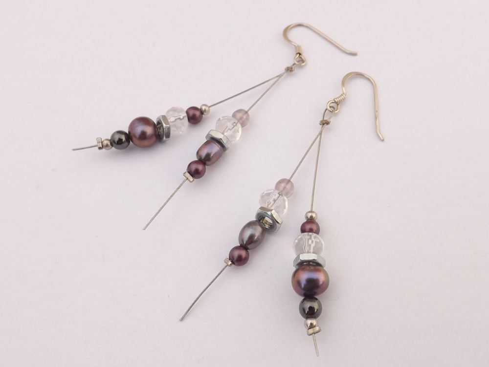 Long Purple Genuine Freshwater Pearl & Bead Handmade Earrings (Made in NZ)