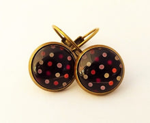 Load image into Gallery viewer, Pink Dots on Black - Bronze Tone Dome Earrings on Lever Back Hooks
