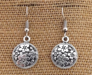 Flower in Circle Silver Tone  Earrings