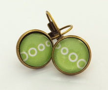 Load image into Gallery viewer, White Circles on Green - Bronze Tone Dome Earrings on Lever Back Hooks
